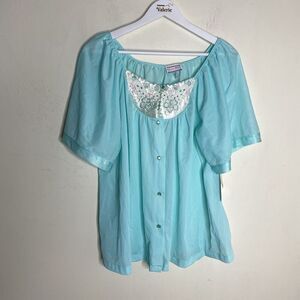 Kelly Reed Nylon Vintage Pajama Lounge Top Blouse Blue Embroidered Large